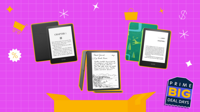 kindle paperwhite, kindle scribe, kindle paperwhite kids on hot pink background with orange box