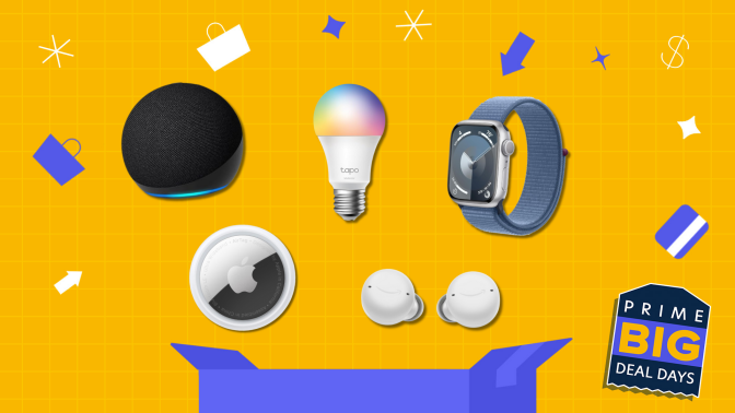 An illustrated graphic with an Apple AirTag, Apple Watch, Echo Dot, Tapo smart lightbulb, Amazon Echo Buds